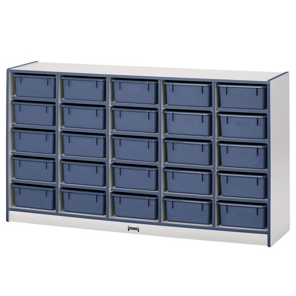 A Rainbow Accents navy storage cabinet with blue bins.
