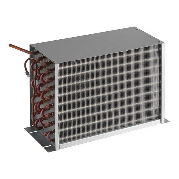 An Avantco condenser coil with a copper coil inside a metal box.