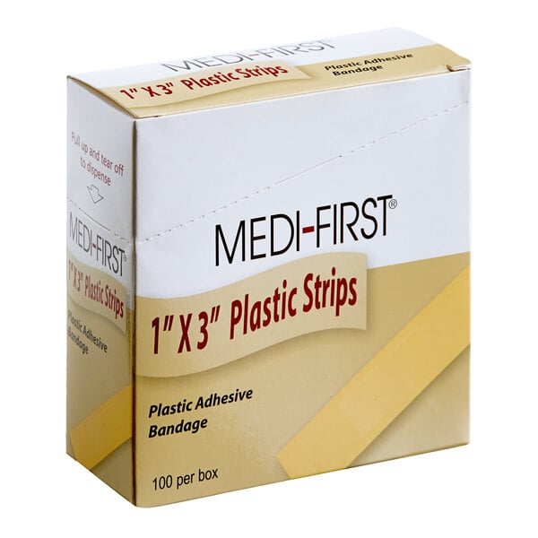 A box of Medi-First 1" x 3" plastic adhesive bandage strips containing 100 bandages.
