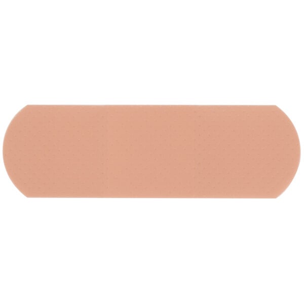 A close up of a Medique 1" x 3" plastic bandage strip with a brown bandage on it.