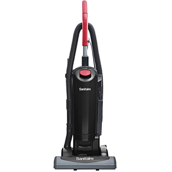 A black and red Sanitaire bagged upright vacuum cleaner.