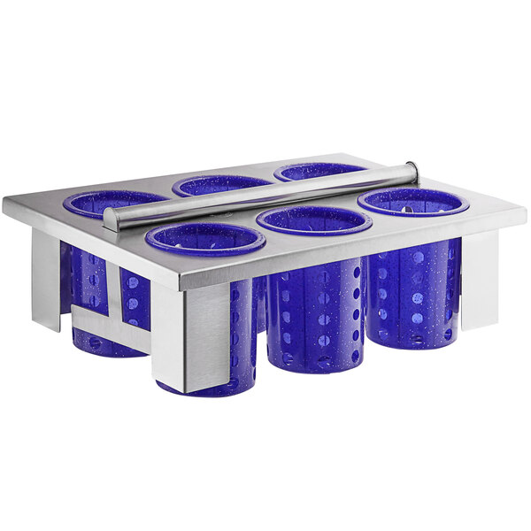A Steril-Sil stainless steel flatware basket with purple perforated plastic cylinders inside.