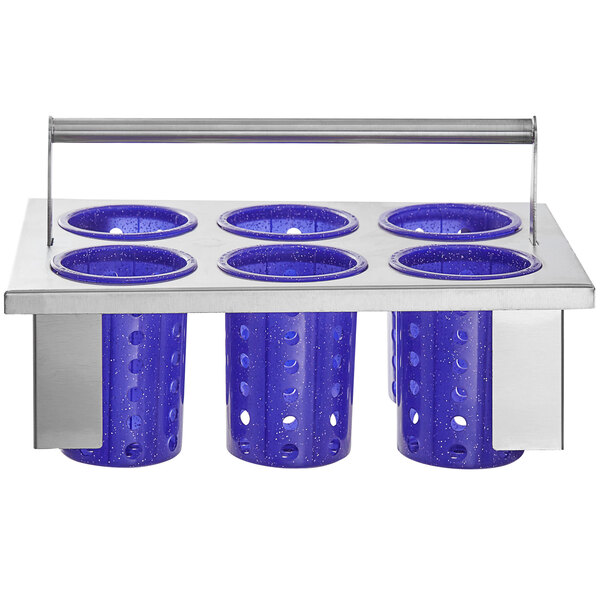 A metal rack with purple perforated plastic cylinders.