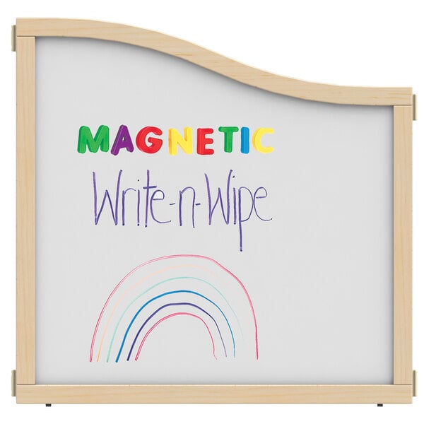 A white KYDZ Suite magnetic write-n-wipe board with writing on it.