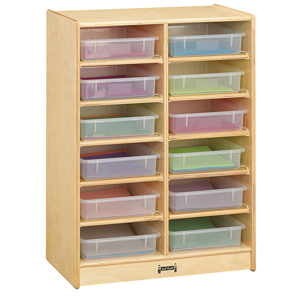 A Jonti-Craft wooden storage cabinet with clear plastic bins inside.