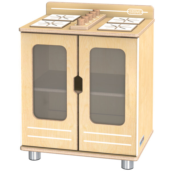 A Jonti-Craft TrueModern wooden play kitchen stove with glass doors.