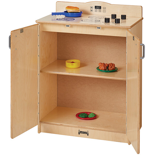 A Jonti-Craft wooden school age kitchen stove and oven.