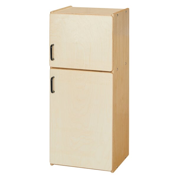 A natural wood Young Time play refrigerator with two doors and black handles.