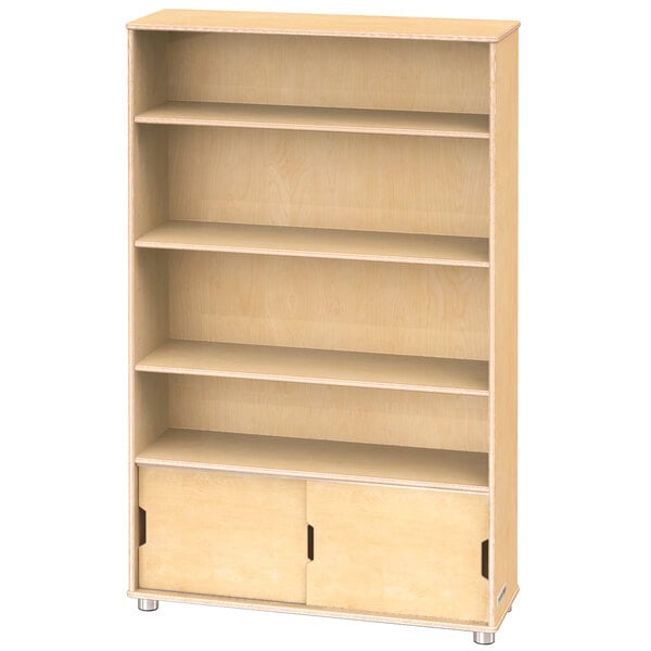 A natural wooden Jonti-Craft bookcase with shelves and storage.