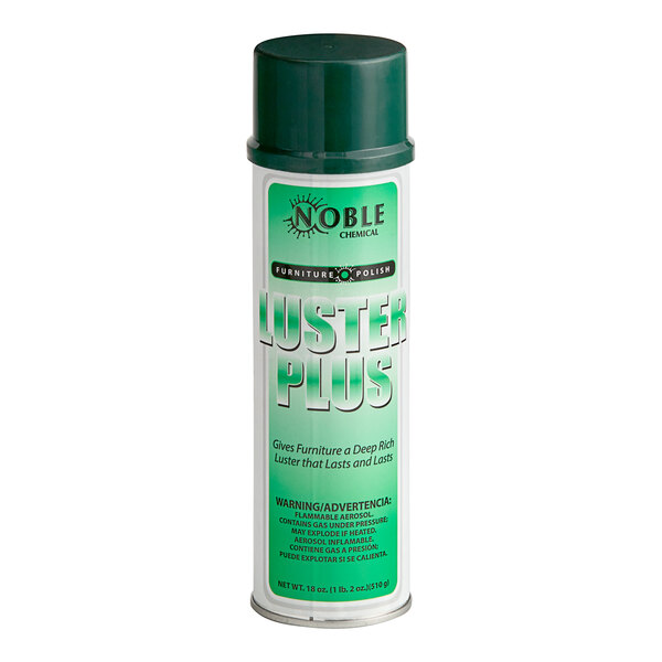 A white can of Noble Chemical Luster Plus wood and furniture polish with green text.
