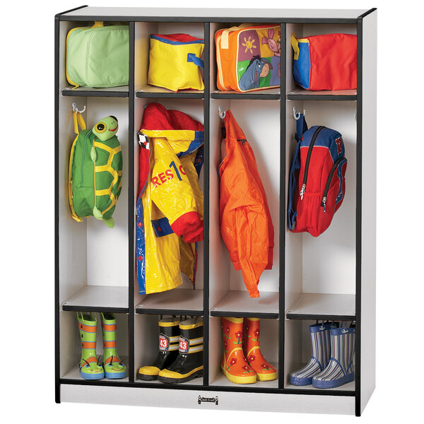 A black and white Rainbow Accents coat locker with various items stored inside, including backpacks and jackets.