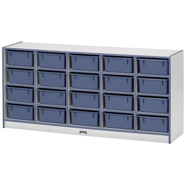 A close-up of a blue drawer with a white handle in a white and blue Rainbow Accents storage unit.