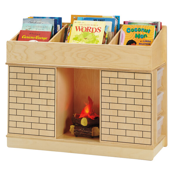 A Jonti-Craft wooden bookshelf with a fireplace and books.