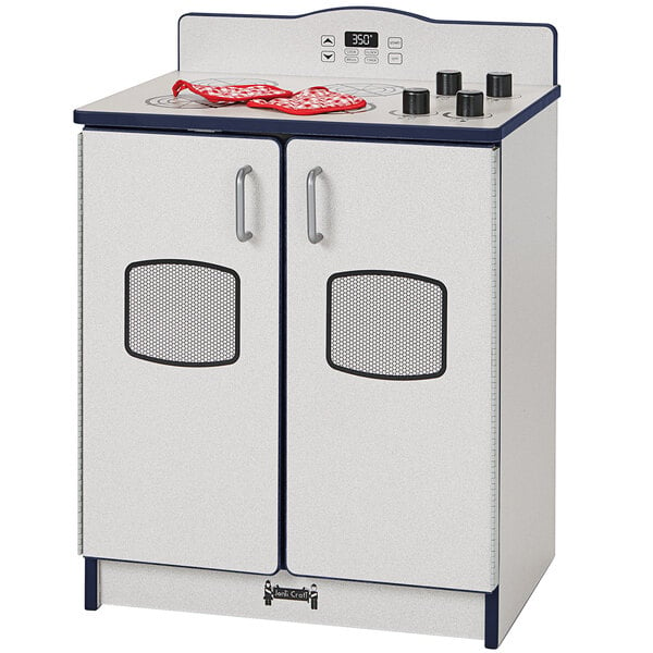 A navy and white Rainbow Accents kitchen play set with a toy stove and two doors.