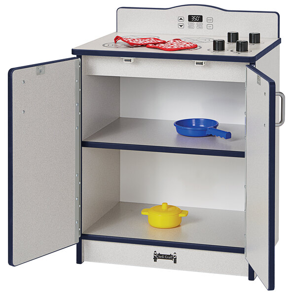 A Rainbow Accents navy toy kitchen with a pan and a pot on top.