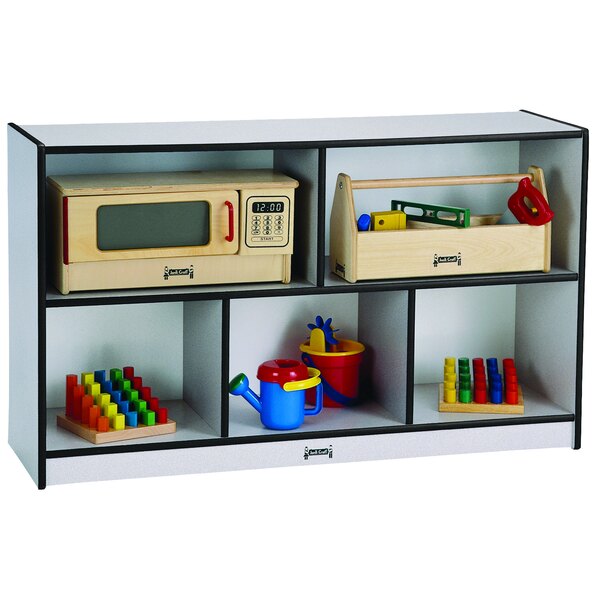 A Rainbow Accents mobile storage cabinet with toys on the shelves.