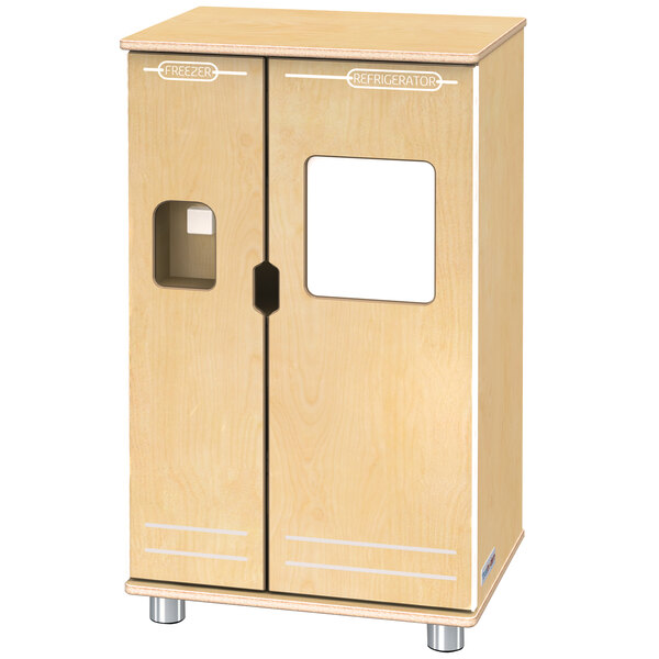 a wooden cabinet with a square window