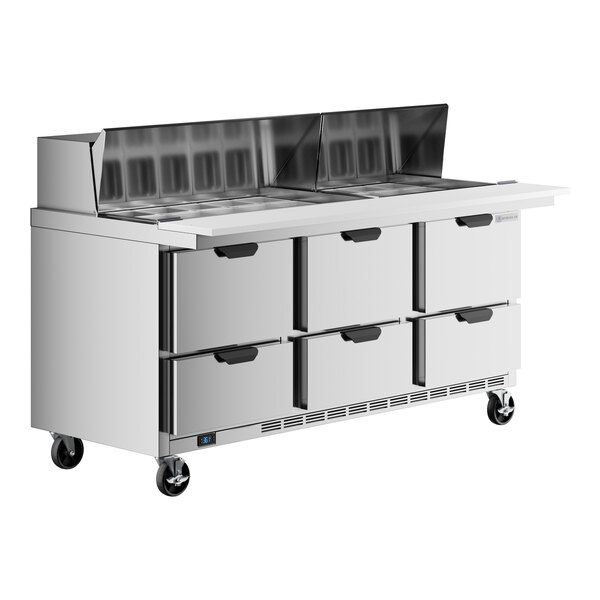 A Beverage-Air 72" 6 Drawer Mega Top Refrigerated Sandwich Prep Table on a counter in a commercial kitchen.