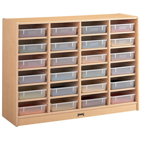 A Jonti-Craft wooden cabinet with plastic bins inside.