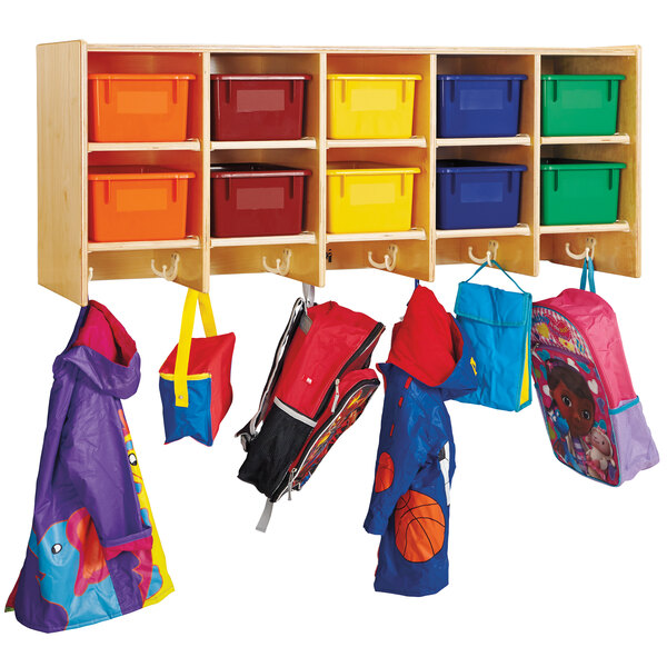 A Jonti-Craft wooden wall mount with colorful bins.