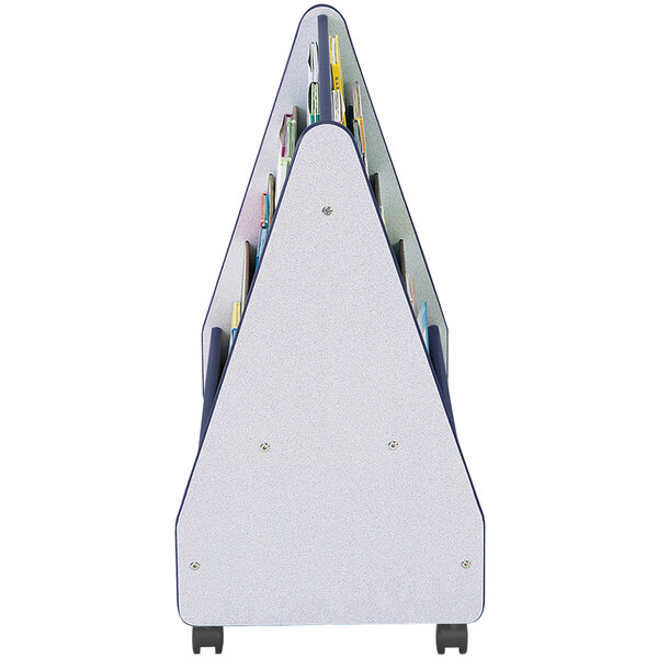 a white triangle shaped object with a blue border