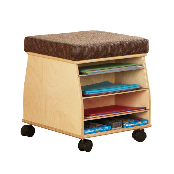 A Jonti-Craft wooden mobile seat with storage and a cushioned top.