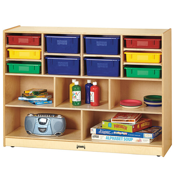 A Jonti-Craft wooden storage unit with colored bins on shelves.