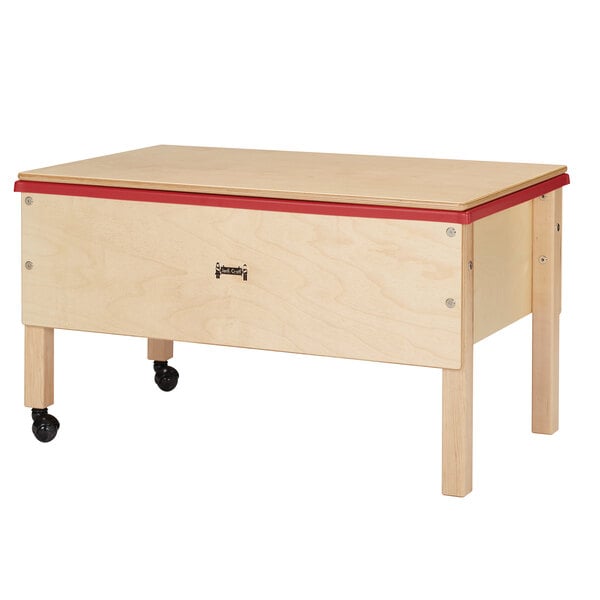 A Jonti-Craft wooden sensory table with wheels.