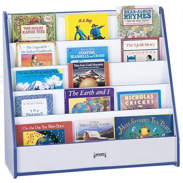 A Rainbow Accents blue book rack with many books on it.