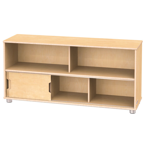 A Jonti-Craft wooden shelf with shelves and sliding doors.