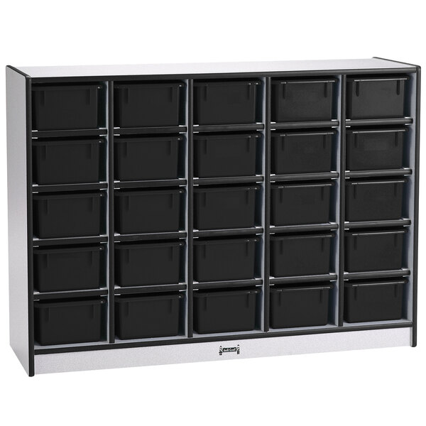 A black and silver Rainbow Accents storage cabinet with black drawers.
