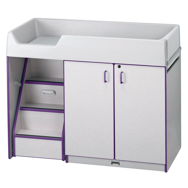 A white rectangular baby changing table with purple edges.