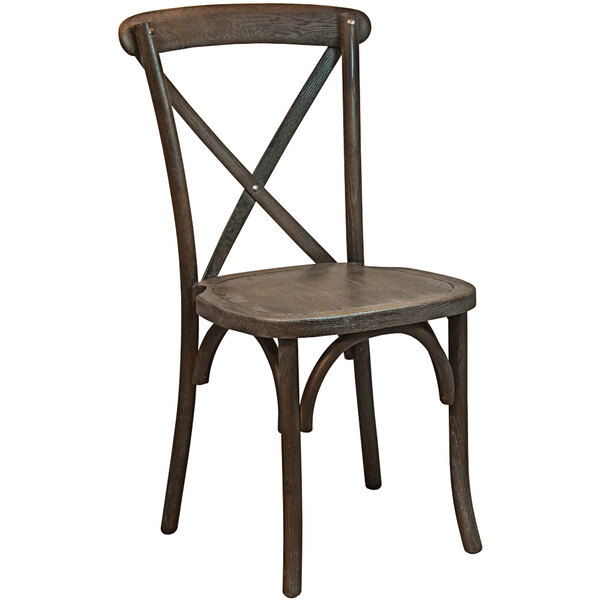 A Flash Furniture Advantage Dark Driftwood wooden dining chair with a cross back.