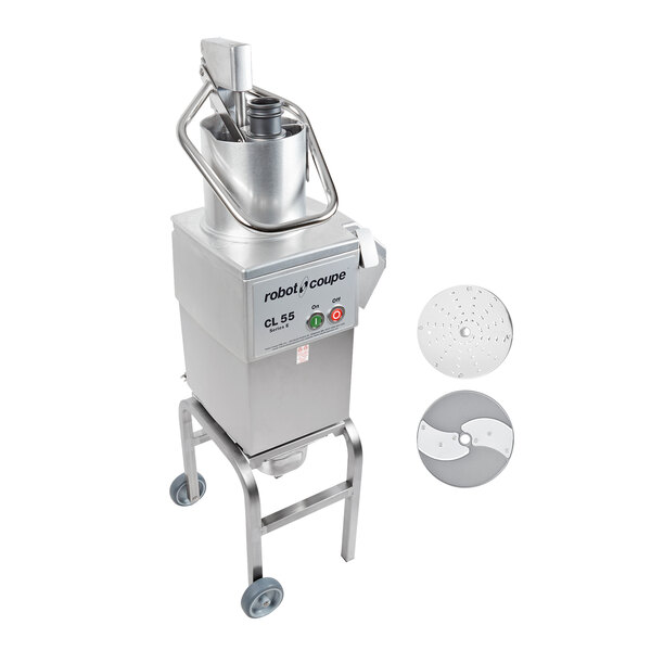 A Robot Coupe CL55 food processor on a metal stand with 2 discs.