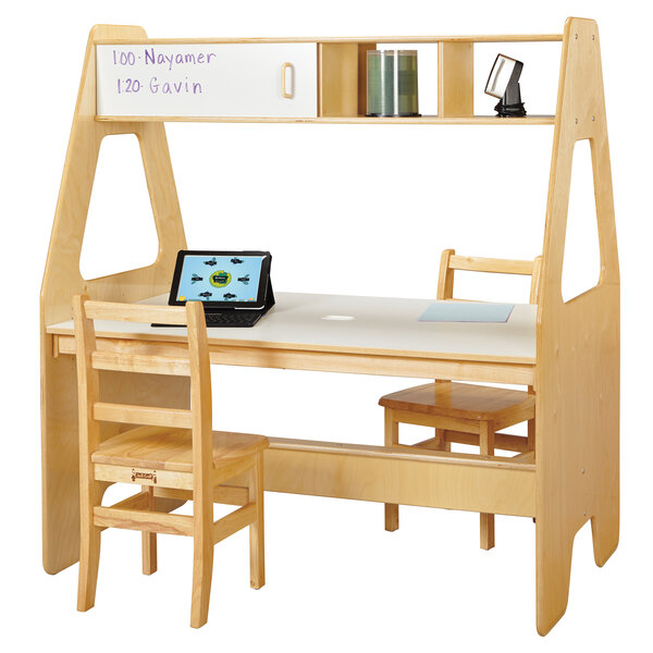 A wooden Jonti-Craft workspace center with a laptop and chair.