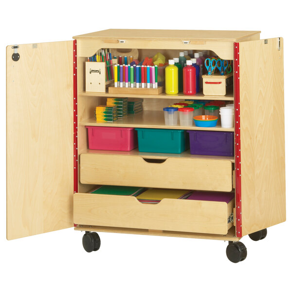 A Jonti-Craft wooden mobile classroom supply cabinet with shelves and compartments.