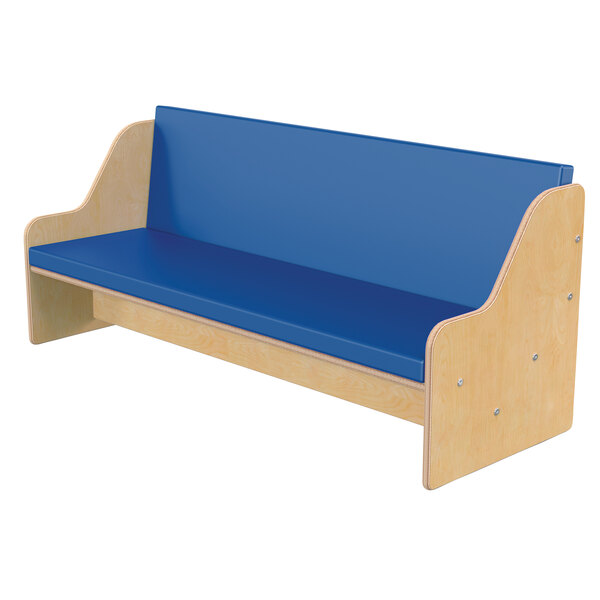 A blue wooden bench with a blue seat.