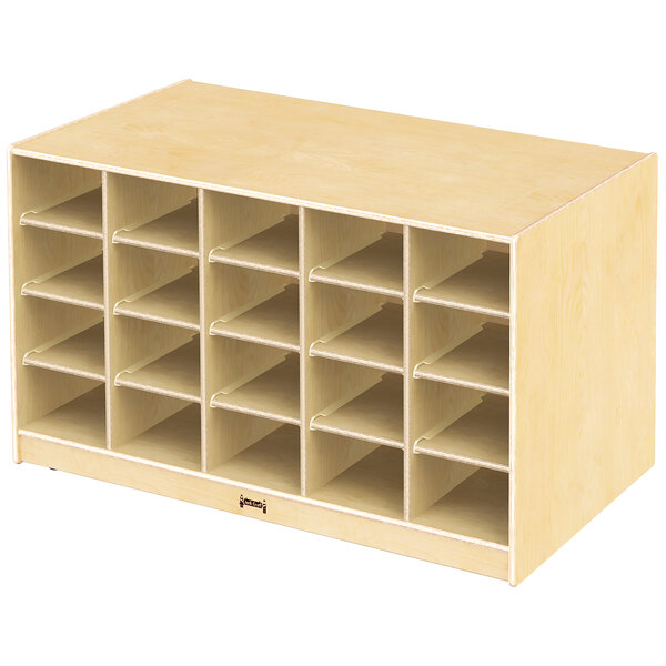 A Jonti-Craft wooden storage island with many compartments on a shelf.