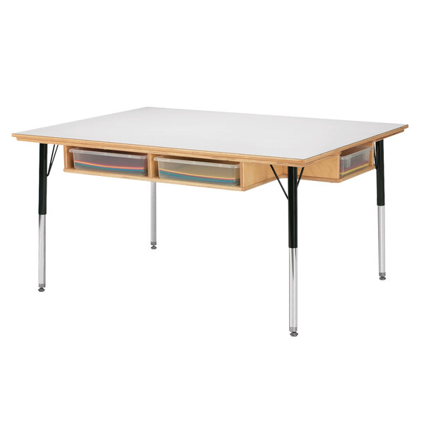 A white rectangular Jonti-Craft children's work table with desk storage.