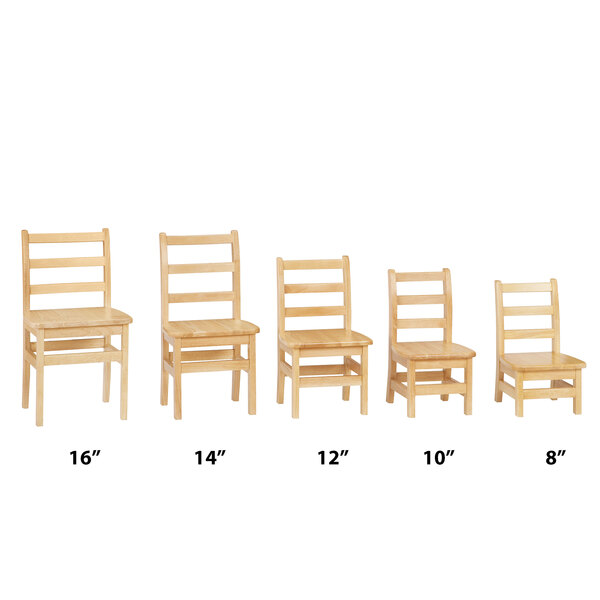 A group of Jonti-Craft Baltic Birch wooden children's chairs in three different sizes.