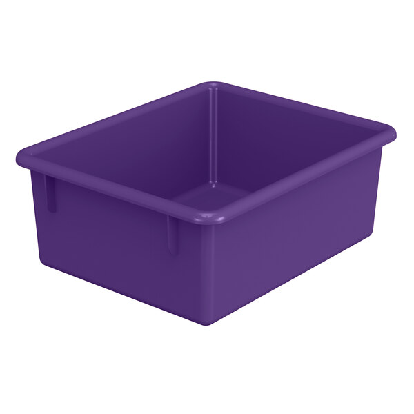 A purple plastic tub for a classroom storage unit.