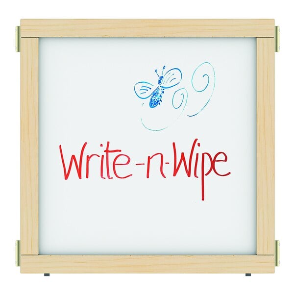 A whiteboard with "Write-n-Wipe" and drawings of a butterfly and bug.