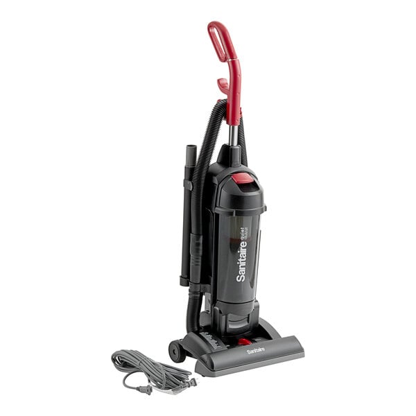 A black and red Sanitaire bagless upright vacuum cleaner with a cord.