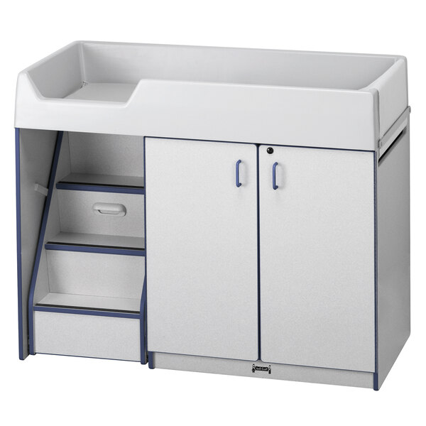 A navy Rainbow Accents diaper changing station with stairs.