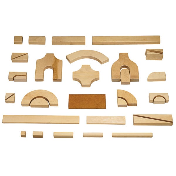 A group of Jonti-Craft wooden unit blocks of various shapes and sizes.