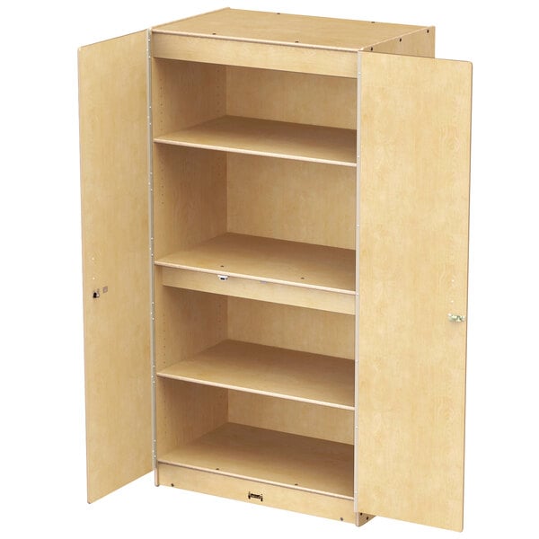 A Jonti-Craft wooden cabinet with shelves and doors open.