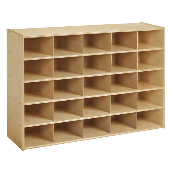 a wooden shelf with many compartments