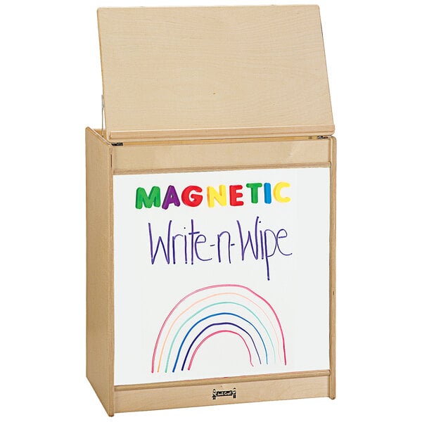 A Jonti-Craft wooden easel with a magnetic white board.