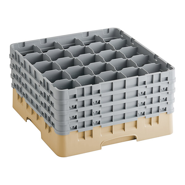 A beige plastic Cambro glass rack with many compartments.