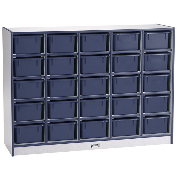 A navy blue Rainbow Accents storage cabinet with many cubbies.